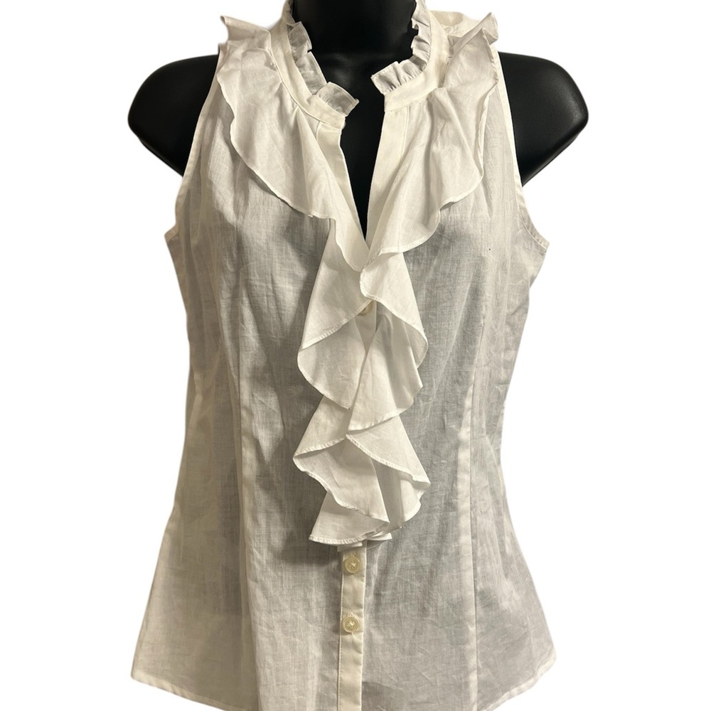 Anne Taylor White Ruffle Front 100% Cotton Sleeveless Blouse Sz 0P NWT - Picture 6 of 6
